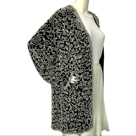 Beaded Silk Open Jacket All Over Pearl Embellished Formal Vintage Women Size L - Picture 3 of 10